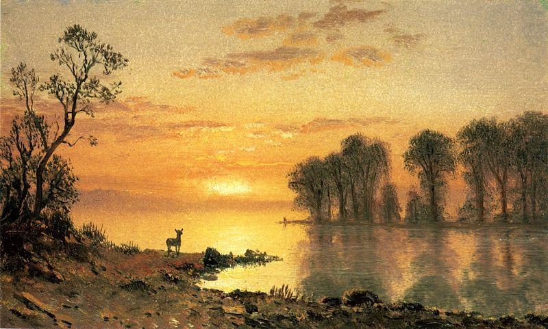 Sunset, Deer and River, Albert Bierstadt